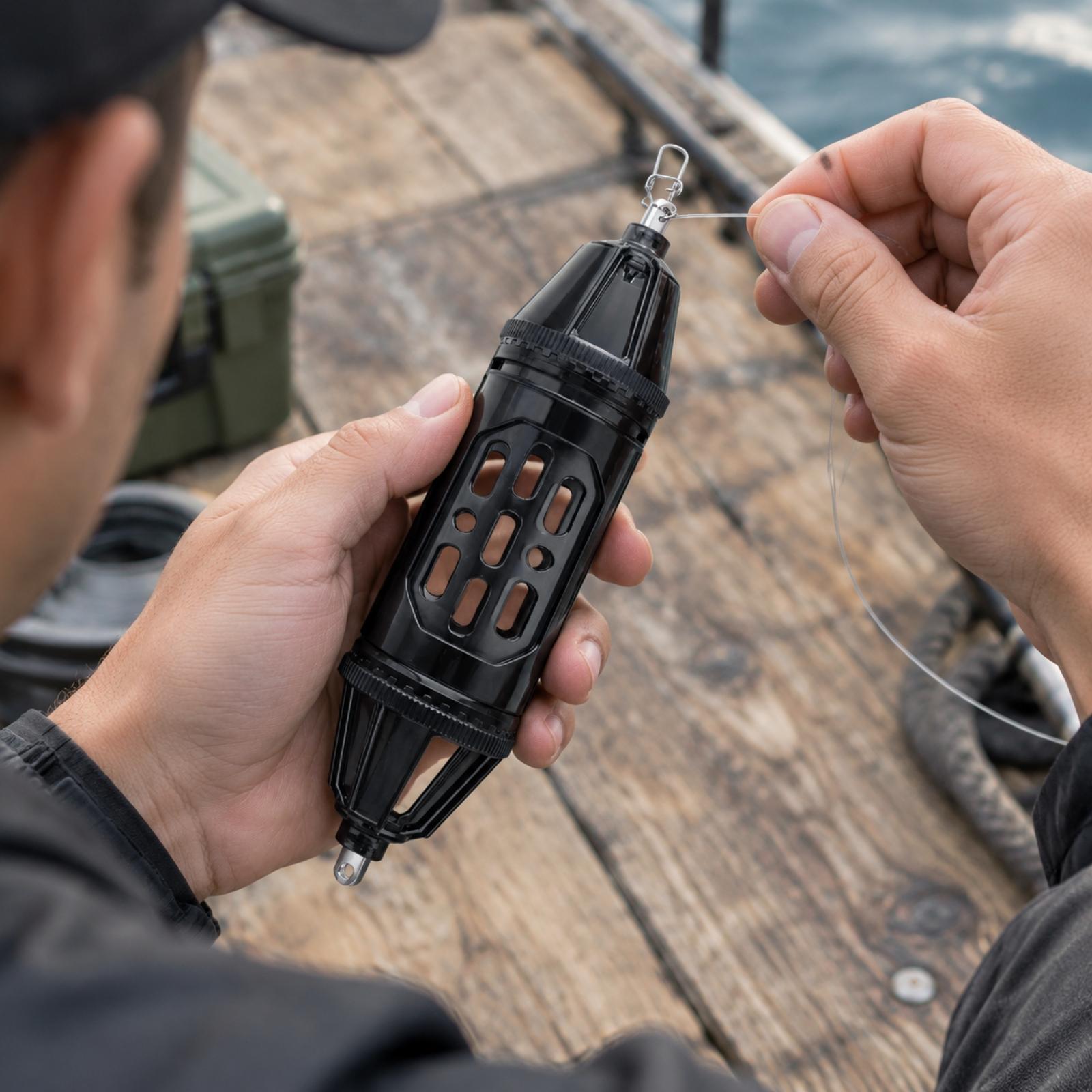 Fishing - 回転式の上部操作部を備えた、頑丈なポリカーボネート製の魚釣り用ケージ。香りを放出して魚を誘引します。